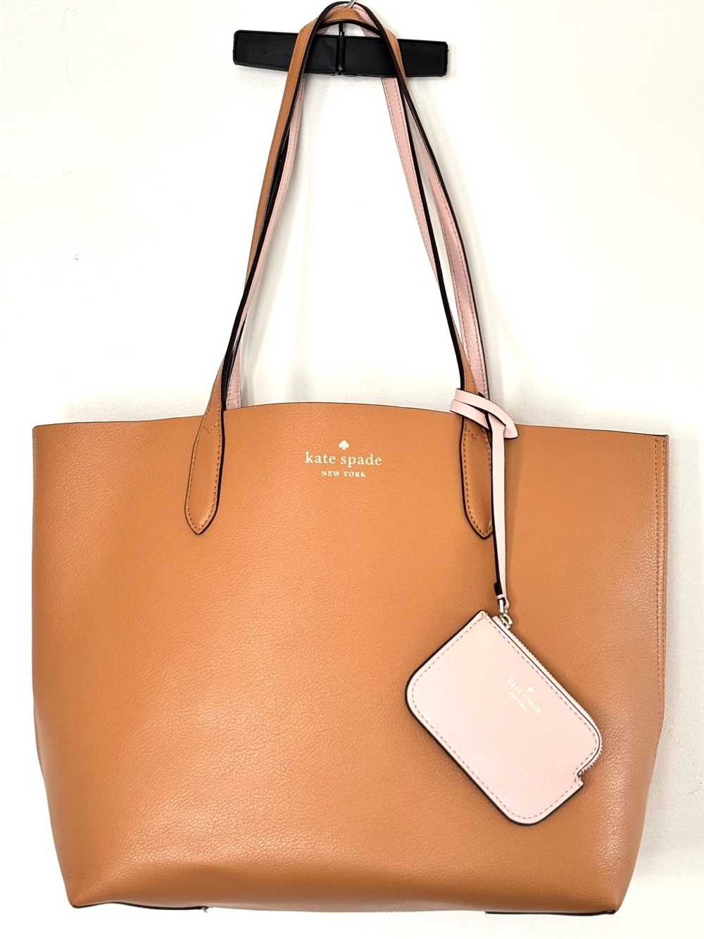 kate spade tan leather tote with pink ID pouch